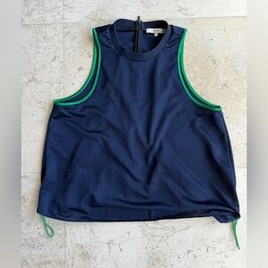 Tibi sleeveless adjustable blue top with green piping and cord accent Large